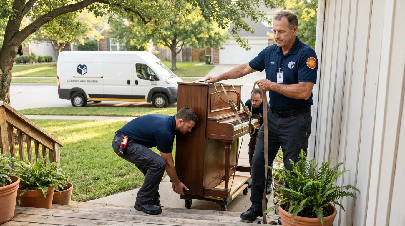 Licensed piano movers securing grand piano in Long Beach, MS