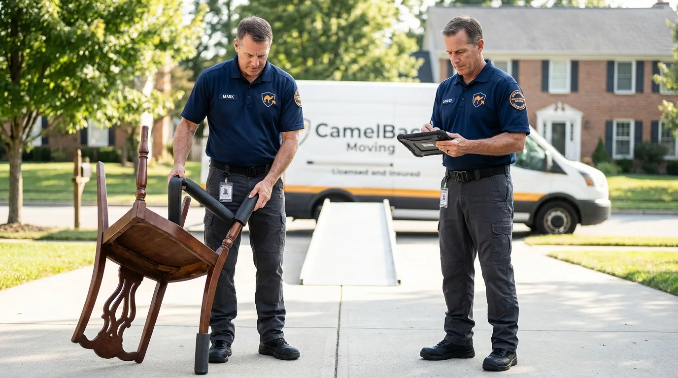 Movers inspecting furniture for damage prevention before loading in Long Beach, MS