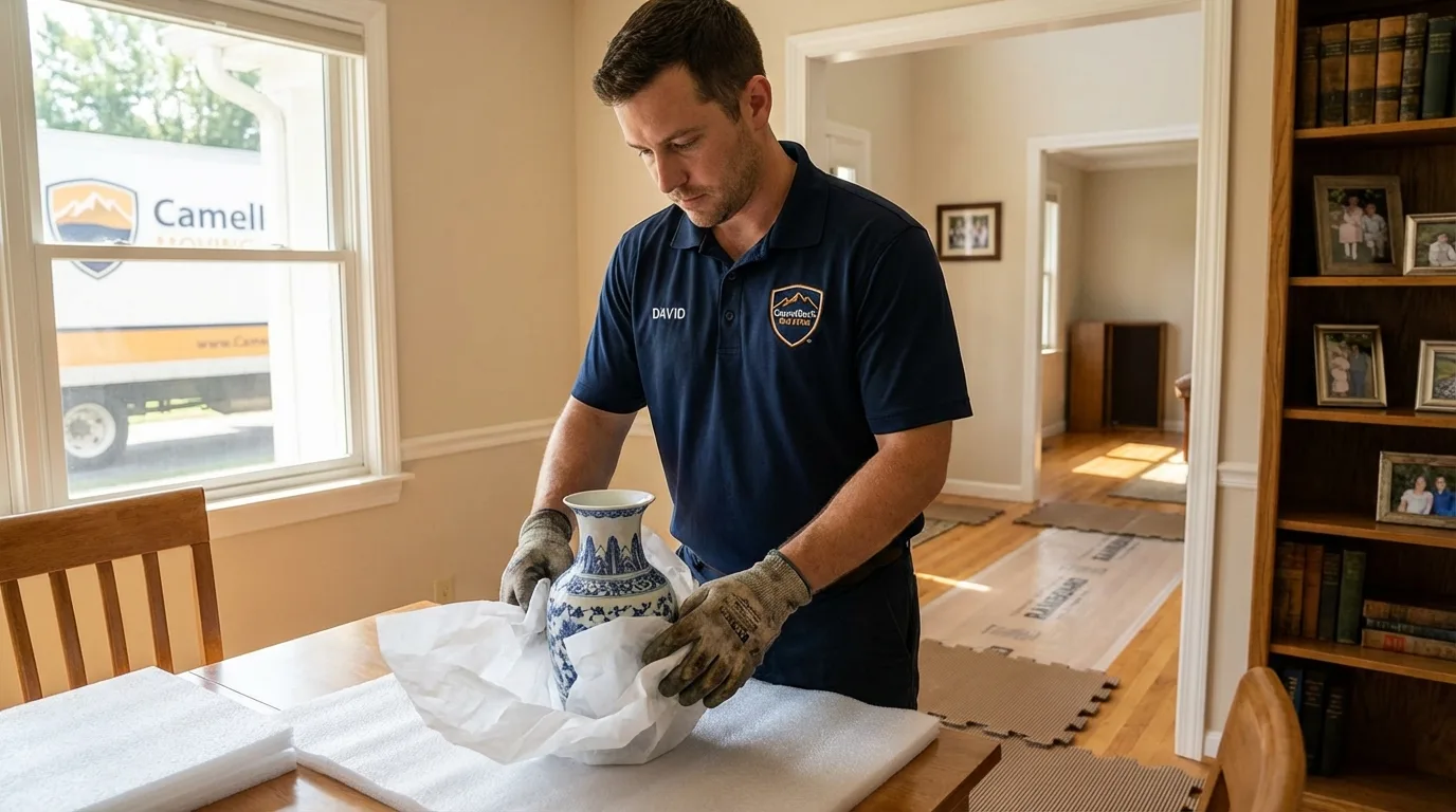 Professional crew carefully wrapping antique vase for senior downsizing move in Long Beach, MS